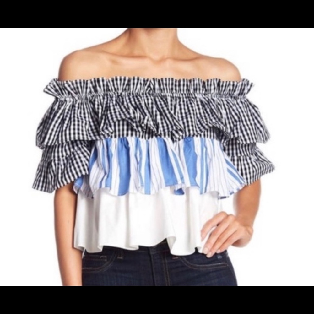 Layered Ruffle Off the Shoulder Gingham Mixed Pattern Top Size Small